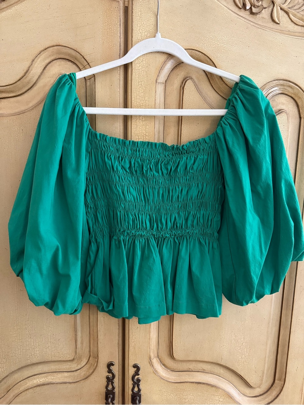 The Impeccable Pig Emerald Green Smocked Off-Shoulder Peasant Top